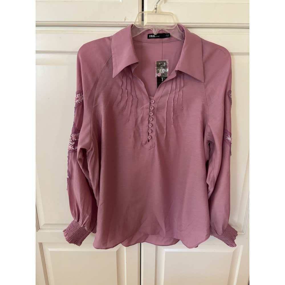 INA Mauve Pink Beaded Sequin Sleeve Pintuck‎ Blouse Top IBM25101 Womens Large